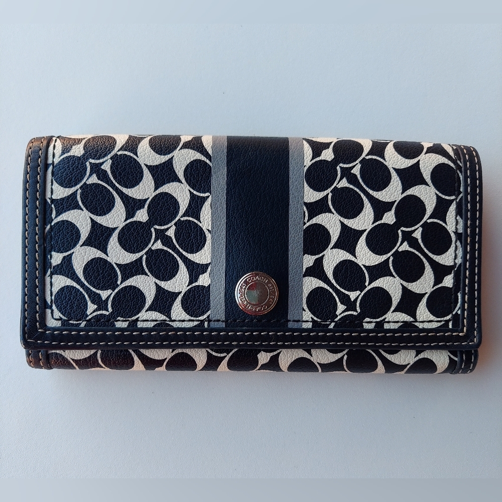 COACH WALLET Black & White Trifold Signature C Leather & Coated Canvas